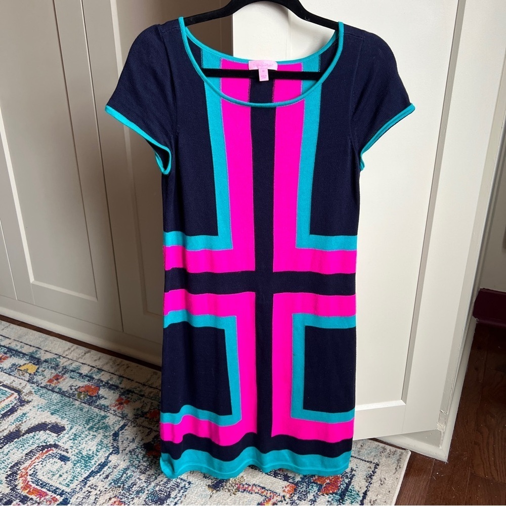 Lilly Pulitzer Isabella Mod Retro Colorblock Sweater Mini Dress Navy Pink Teal